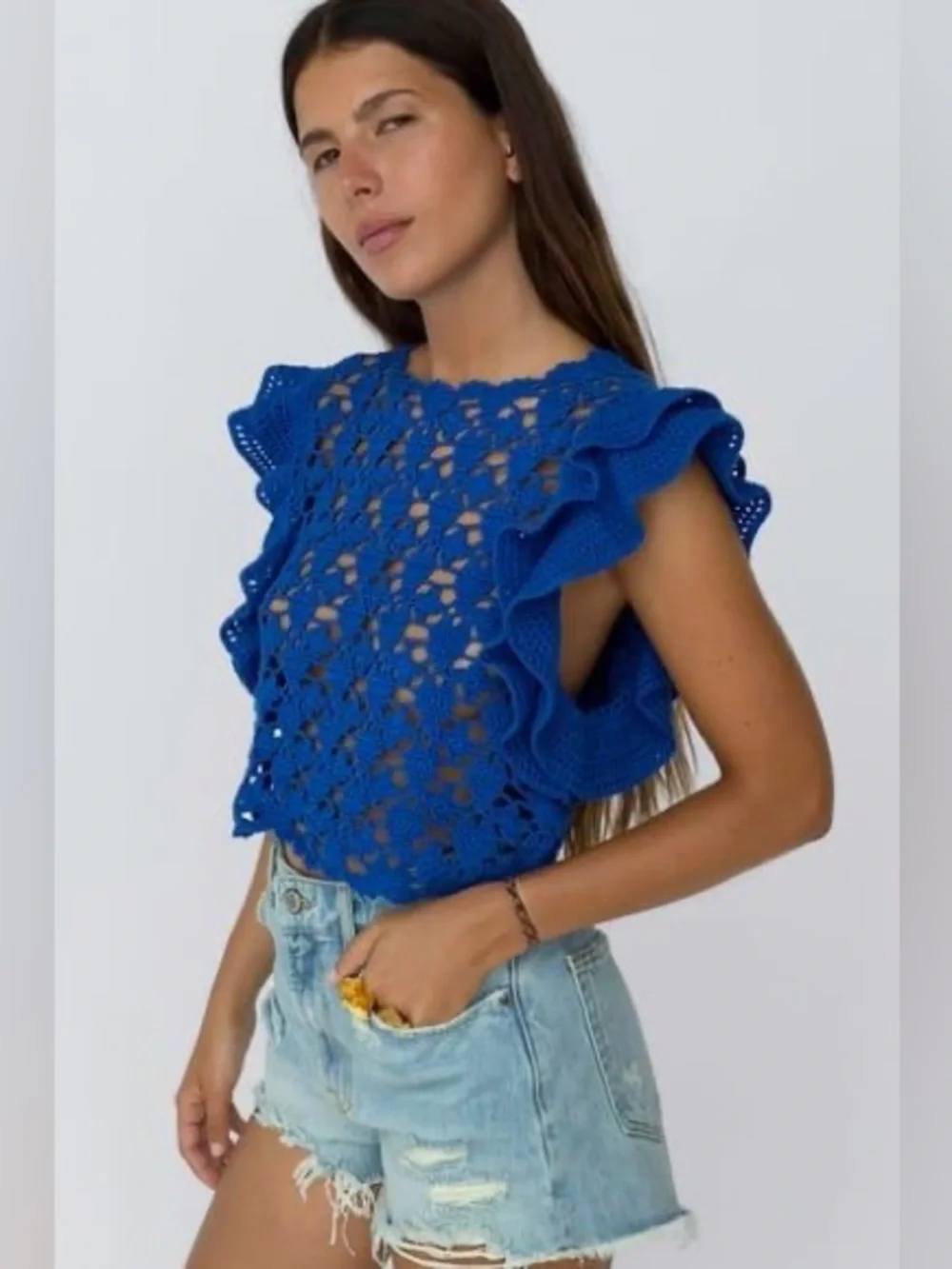 Zara Women’s Crochet Knit Top Royal Blue Ruffle Side Boxy Round Neck Lace Sheer
